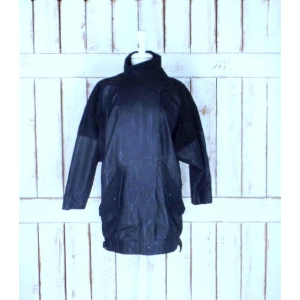 80s vintage black  suede leather Dolman sleeve long cocoon jacket/Gino di Giorgi